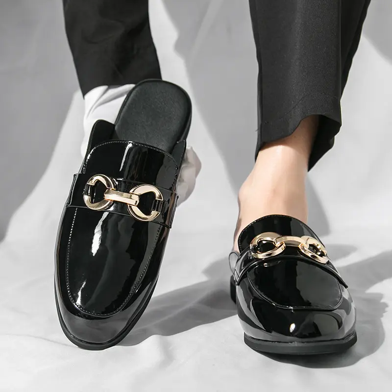 Men's British-style leather mules with metal buckle