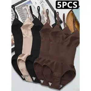 5pcs Women's Seamless Shapewear Bodysuit with Abdominal Compression & Hip Lifting - Tummy Control, No Padding, Stretchy Nylon-Spandex Blend, Black/Brown/White/Beige/Navy Blue, Perfect for Travel & Casual Attire, Comfort Undergarment |         Closefitting