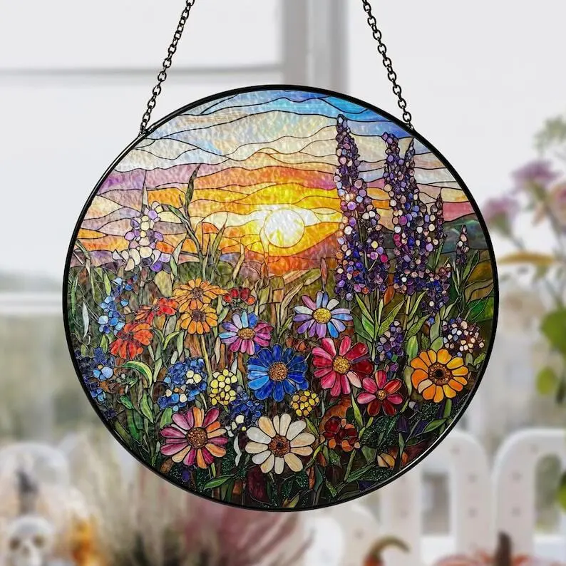 Wildflowers Stained Glass Suncatcher, Mountain Sunset Stained Glass, Wildflowers Window Hangings, Gift for Mom, Flowers Suncatcher