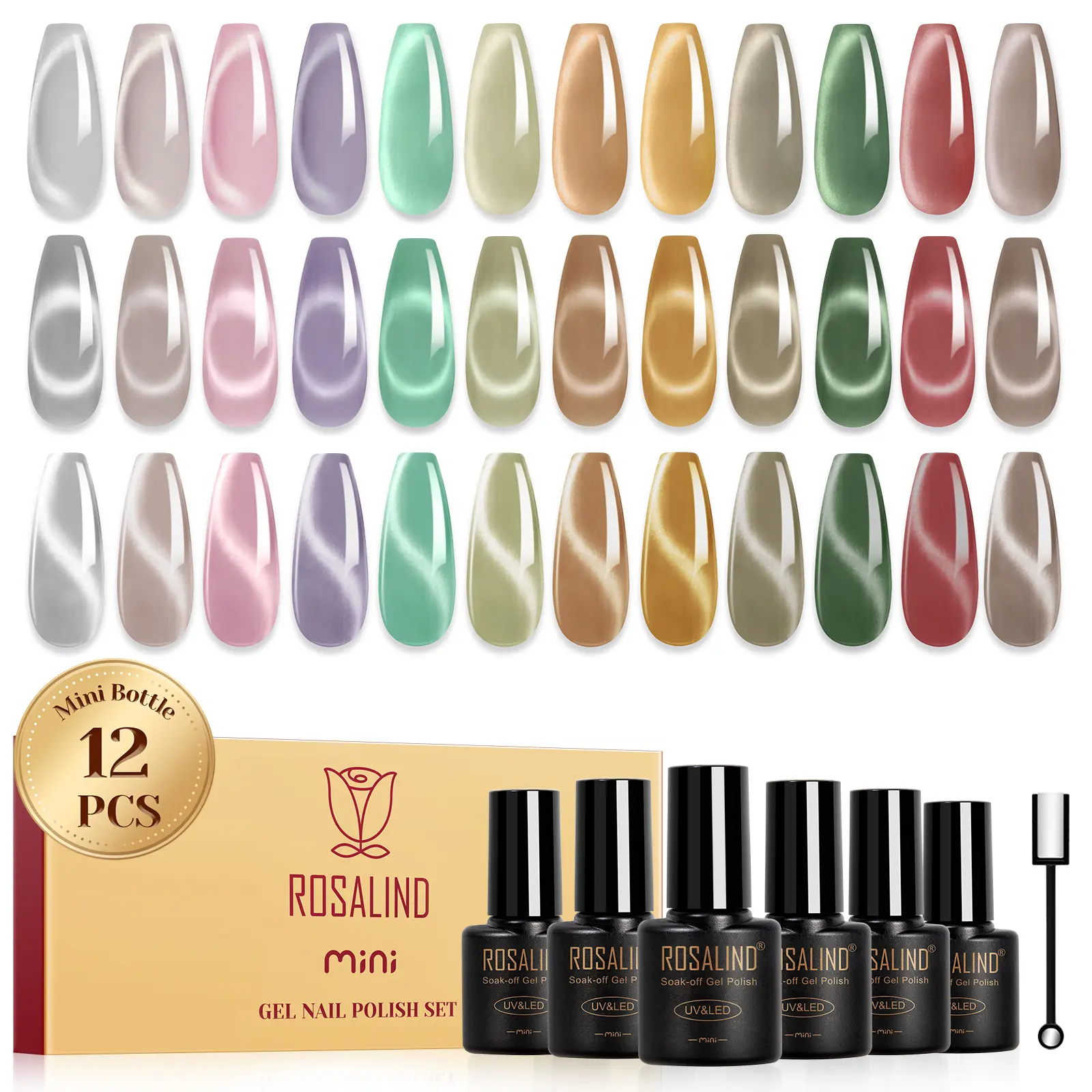 ROSALIND Mini 12Pcs Cat Eye Gel Nail Polish Set Purple Pink Sheer Light Colors Cat Eye Nail Gel with the Magnetic Stick Curing UV LED Lamp Required DIY Trendy French Nail Style