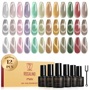 ROSALIND Mini 12Pcs Cat Eye Gel Nail Polish Set Purple Pink Sheer Light Colors Cat Eye Nail Gel with the Magnetic Stick Curing UV LED Lamp Required DIY Trendy French Nail Style