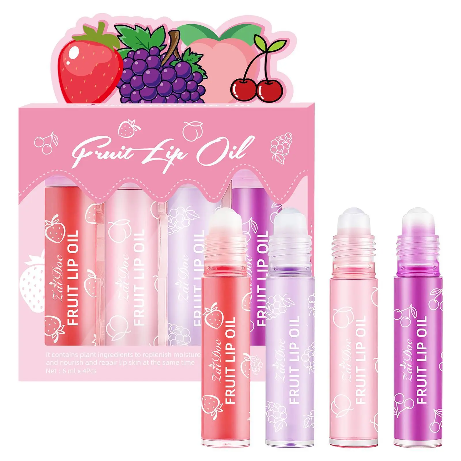 ZaiDoc 4-Pack Fruit Roller Lip Oil Set | Plant-Based Ingredients | Hydrating Nourishment for Dry Lips | Strawberry, Grape, Peach, Cherry Flavors