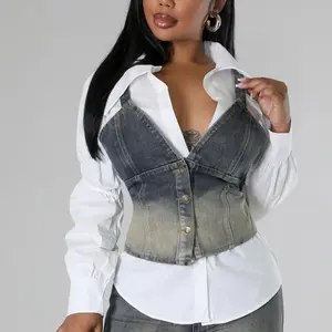 Boss Mode Denim Corset 2pc Blouse - Stylish Denim Top with White Blouse for Women's Fashion
