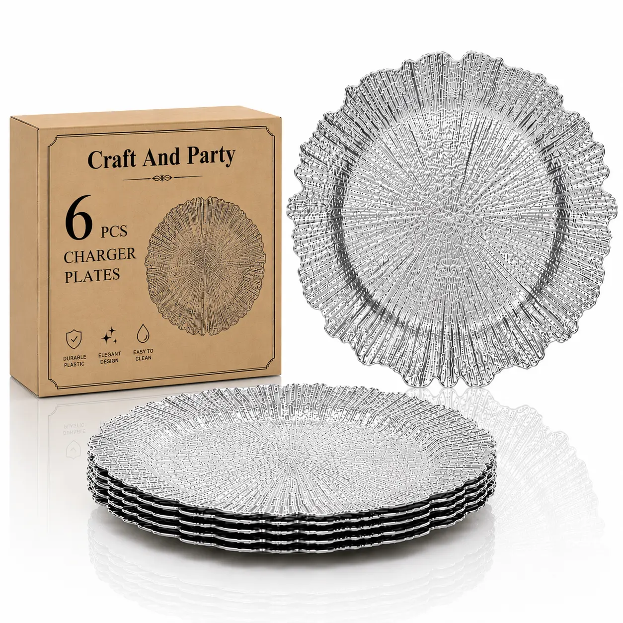 Premium Charger Plate Set, 13" Reusable Plastic Dinner Chargers, Elegant Wedding, Party & Event Table Decoration