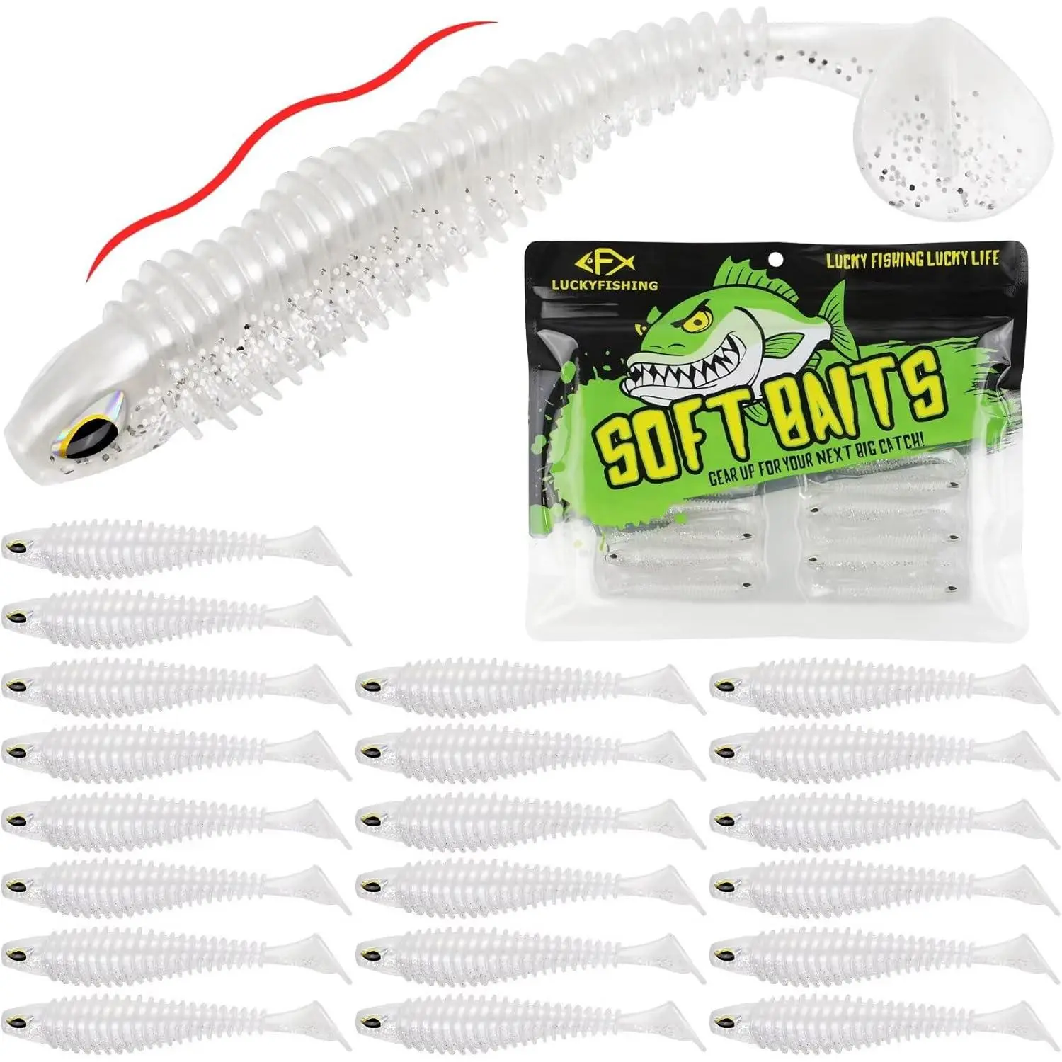 Soft Plastic Paddle Tail Swimbaits Fishing Lures, 2.5-4.1in, 10/16/20 PCS, Fish Attractants with 3D Eyes, Shrimp Scent, Sparkle Glitter, Vibrating Ribbed, Wiggles on Retrieve, Fishing Gifts for Bass Trout Crappie Walleye