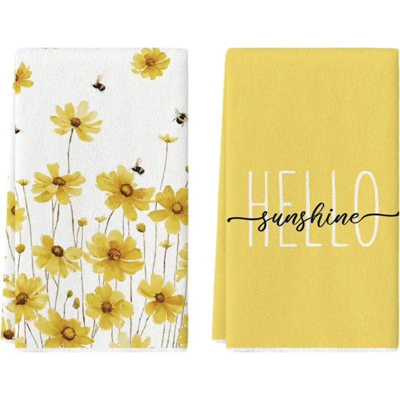 Yellow Bee Hello Sunshine Spring Kitchen Towels Dish Towels, 18x26 Inch Summer Holiday Decoration Hand Towels Set of 2