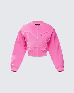 Uzma Pink Denim Cropped Bomber Jacket