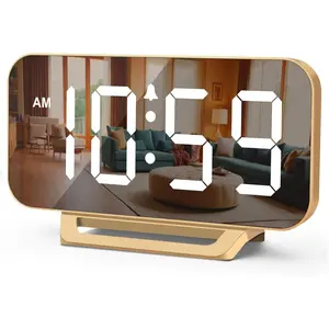 Slim Digital Mirror Aesthetic Alarm Clock for Bedrooms Desk Decor - Plug in Electric Big LED Modern Small Clock for Office Living Room, Battery Backup, 6 Dimmers (Gold)