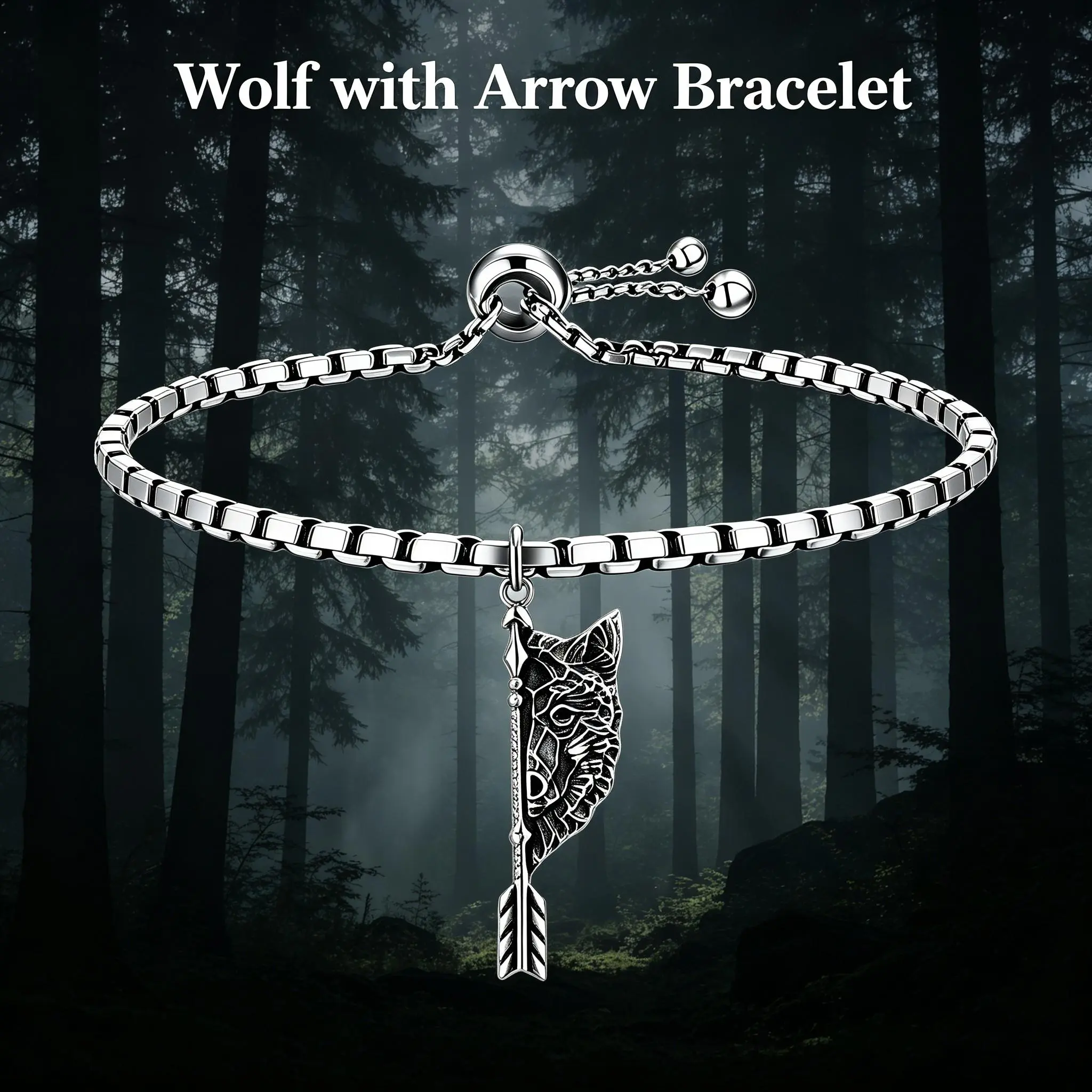 Viking Wolf Head Arrow Bracelet for Men, Gothic Zinc Alloy Jewelry with an Adjustable Box Chain, Rugged Men's Accessories for Everyday Wear, Viking Theme, Bracelets, Wolf Symbolism, Arrow Charm, Male Fit, Animal, Daily