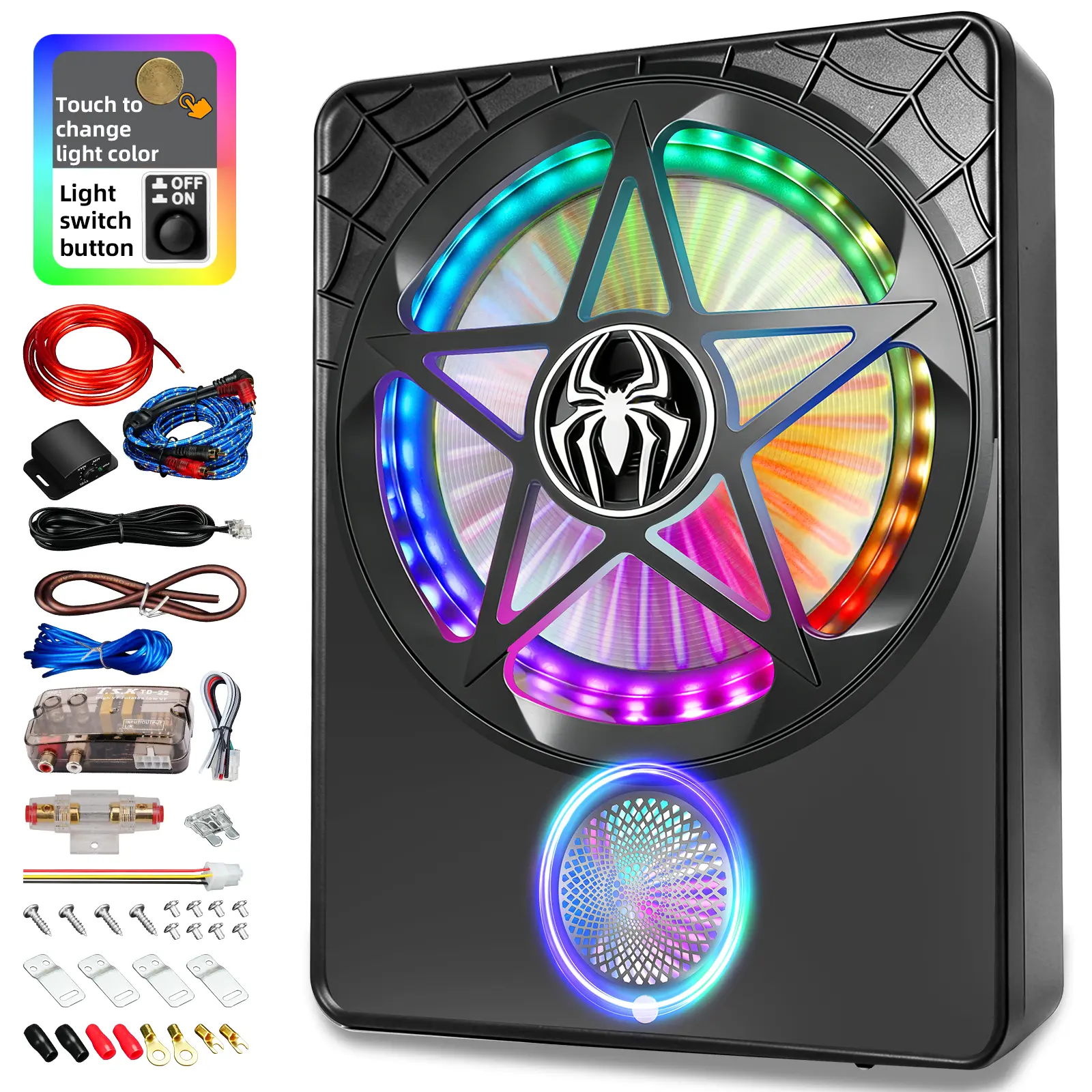 SCBPAUD 10-Inch Underseat Subwoofer Stereo Speaker - 3000W 3-Way Full-Range Automotive Audio, Star-Web LED Touch-Color Light, Ultra-Slim, Fits Most Vehicles, Car Audio Speakers