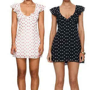 Women Fashion Elegant Polka Dot Print Short DressFit V Neck Flying Sleeves A-Line Mini Dress for Daily Party Club Casual Womenswear