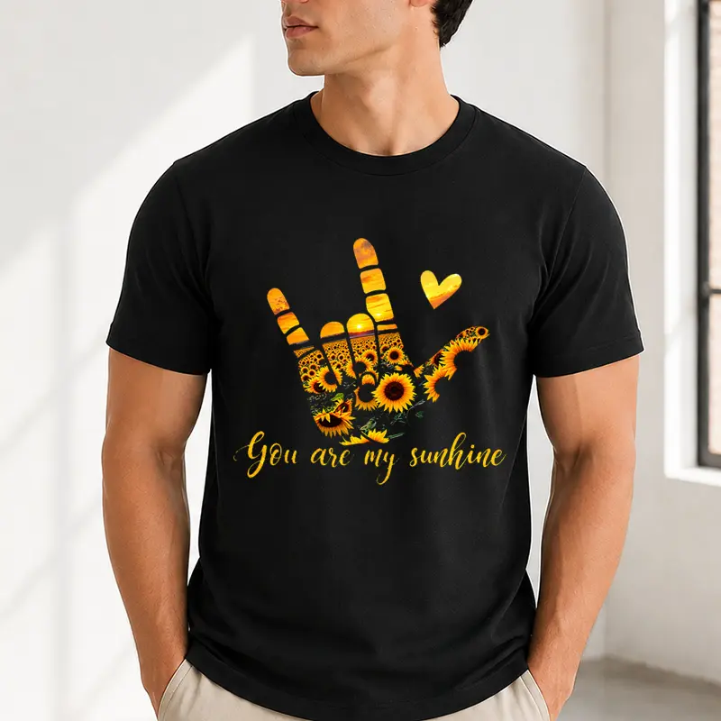 100% Cotton Unisex Sunflower Hand Sign Graphic Crew Neck T-Shirt | You Are My Sunshine Floral Short Sleeve Tee | Positive Love Gift Top sohochic