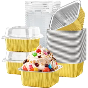 40 Pack 5 OZ Mini Cake Pans with Lids, Disposable Square Aluminum Foil Brownie Baking Cups, Mini Aluminum Foil Cupcake Muffin Tin Ramekins, Flan Molds Cake Containers for Wedding Birthday Party, Gold