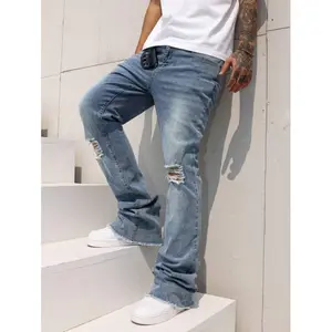 Men's Light Wash Denim Jeans: Casual Stacked Bootcut With Ripped Knee Detail And Zipper Fly Fabric Menswear