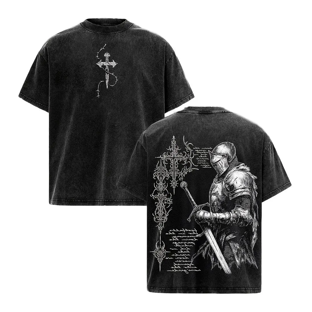 Men's Relaxed Fit Short-Sleeve Crusader Knight Vintage Washed T-Shirt, All-Season Casual Top, All Seasons