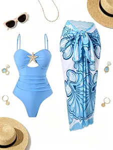 2026 New 2 Piece Light Blue One Piece Swimsuit Set, Rhinestone Starfish Detail Cutout Ruched Monokini + Matching Abstract Print Chiffon Wrap Sarong Cover Up, Elegant Bathing Suit for Beach Pool Vacation