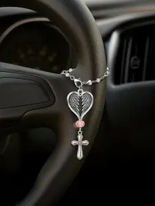 Angel Wings Cross Pendant, Stainless Steel Hollow Heart Chain Crystal Trendy Cute Keychain, Angel Love Car Charm, Elegant Accessory, Car Trinkets, Car Ornament