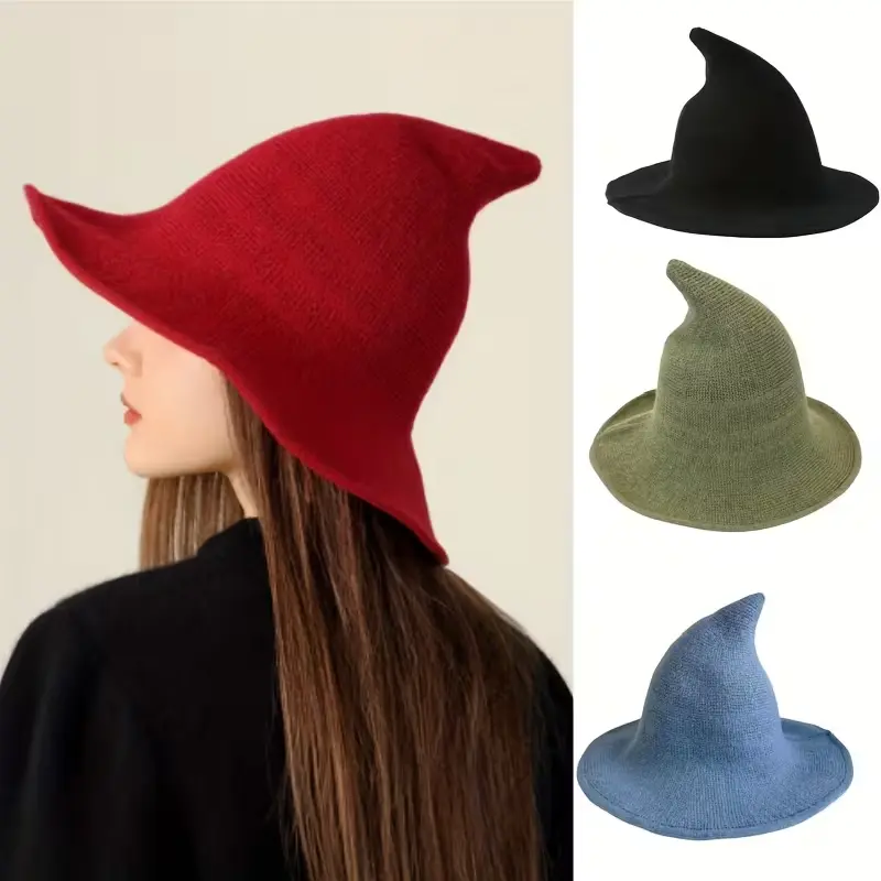 FEITAI Women's Magical Wool Witch Hat, Large Brim Pointed Plain-Knit Accessory, Snug-Fitting for Halloween Costume Party Wear
