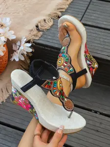 Boho Beaded Embroidered Wedge Sandals, Thick Sole Ethnic Summer Shoes, Stable Heel, Versatile / Colors, Essential Footwear