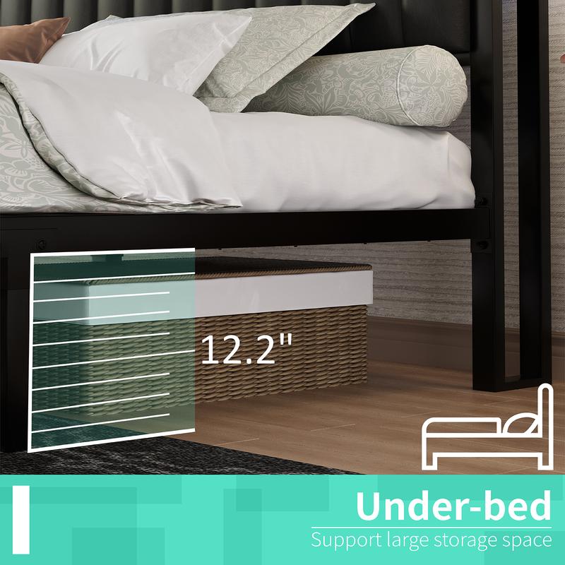 [Black Bed WITHOUT Foldable Ottoman] AMERLIFE TWO Different Bed Frames, Metal Bed with Foldable Ottoman, Velvet Upholstered Headboard/Metal Bed with PU Leather Headboard/ Both Including LED Lights, Charging Station,Storage Shelves/Christmas Gifts