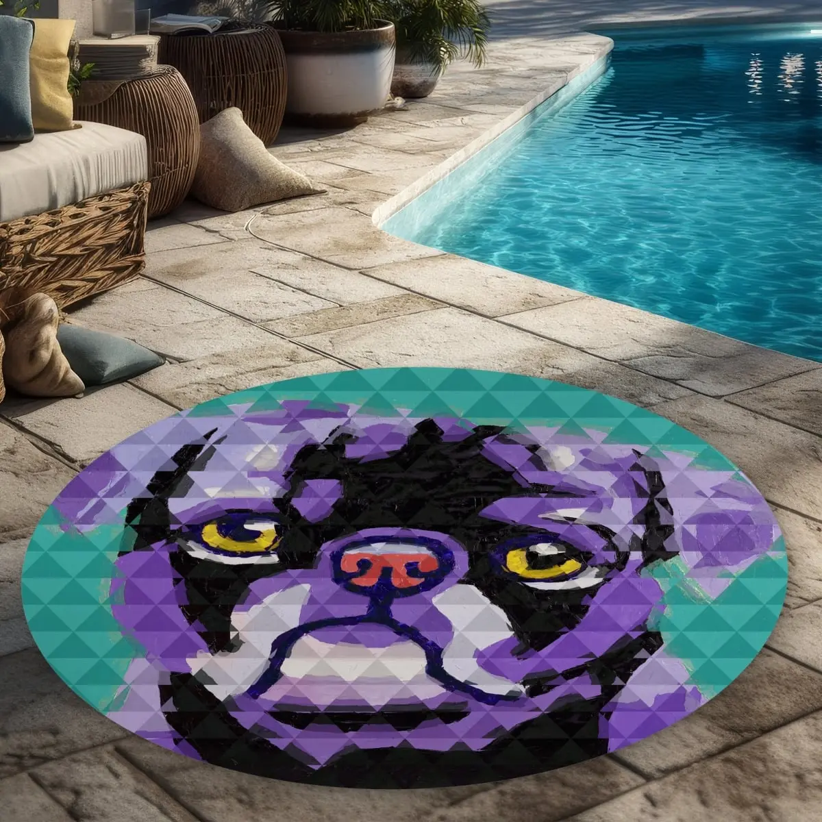 360 stand Round Indoor/Outdoor Area Rug, 5x5 ft Weatherproof Geometric Pug Print Pets Pop Art Decor Rug, Animal Pattern Rug, Decorative Area Rug