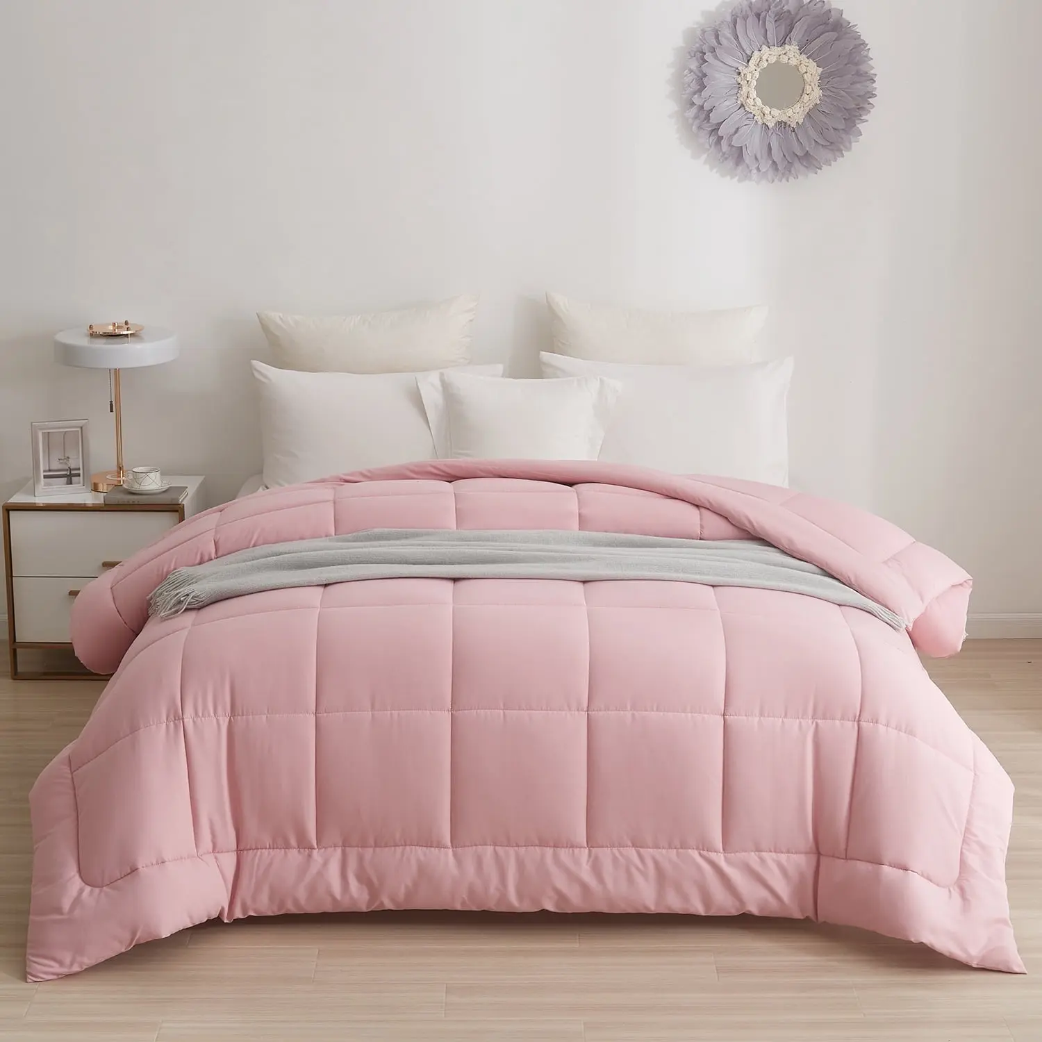 BedTreat Down Alternative Comforter Twin Duvet Insert With Corner Tabs, All Season Quilted Bed Comforter Box-Stitched Twin Comforter Pink，Machine Washable Microfiber Bedding