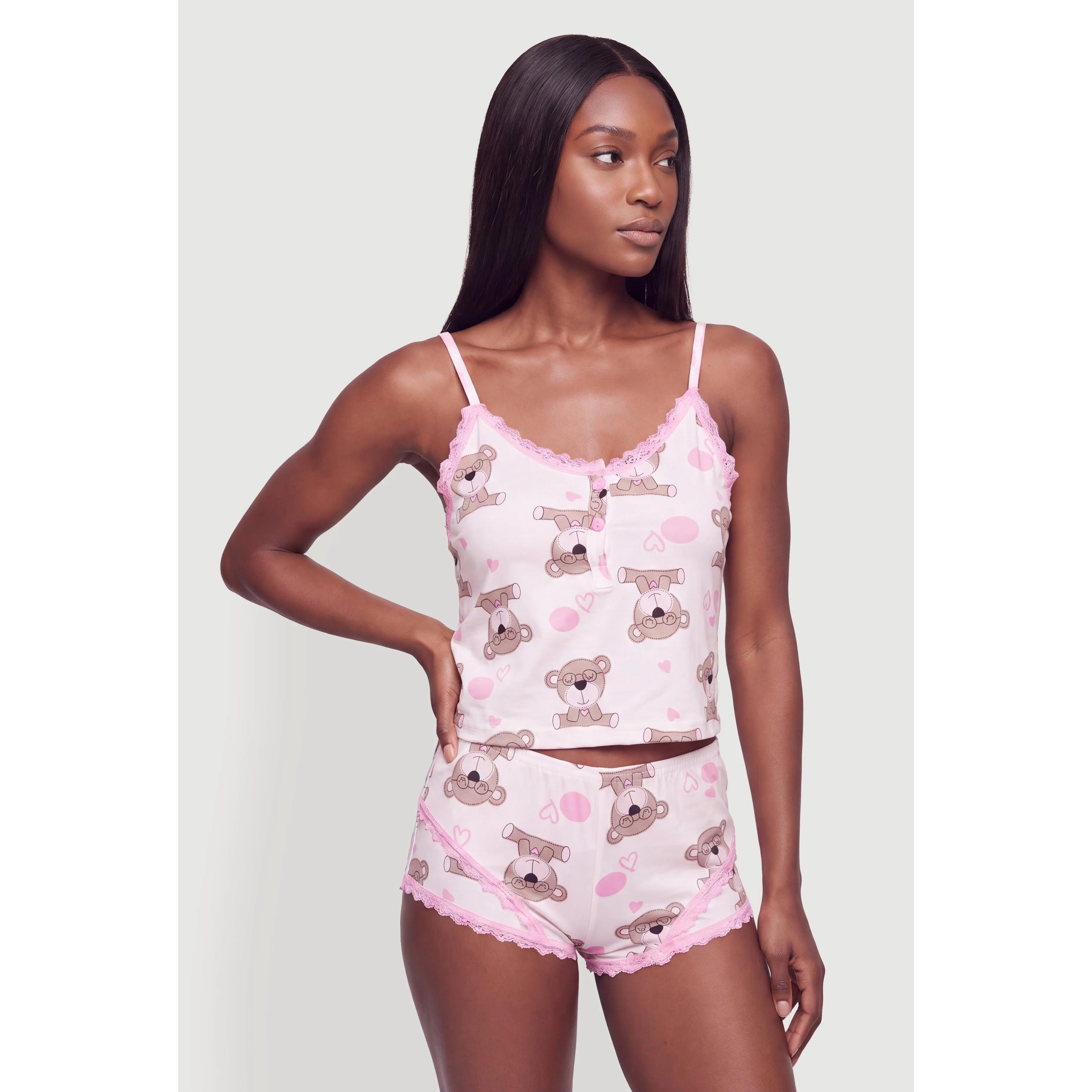 Contrast Trim Lace Detail Bear Print Pajama Cami and Boyshorts