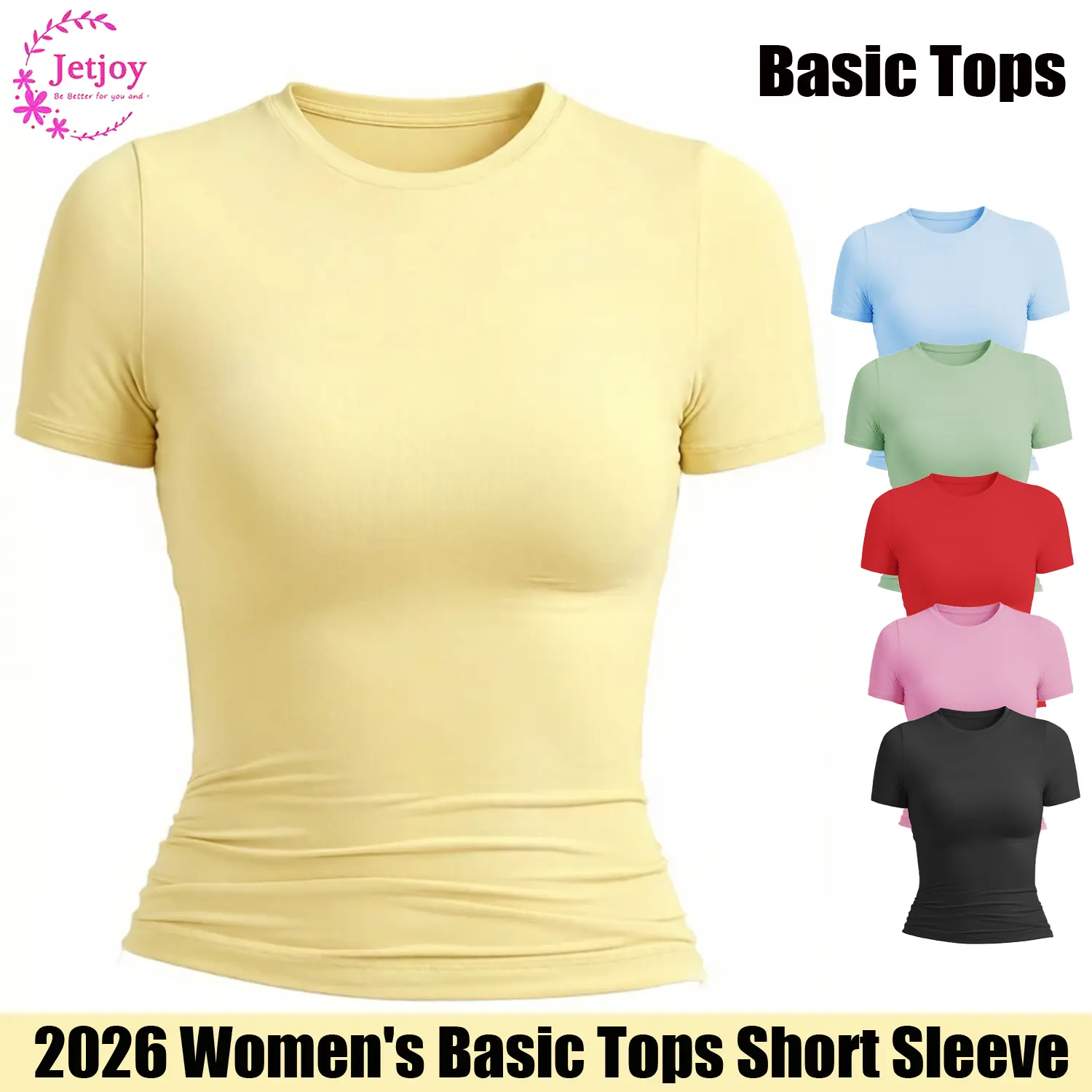 Jetjoy Crop Top Workout Shirts for Women, Women Fitted Workout Tops Short Sleeve Double Lined Basic Y2K Going Out Crew Neck Compression Crop Top