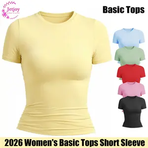 Jetjoy Crop Top Workout Shirts for Women, Women Fitted Workout Tops Short Sleeve Double Lined Basic Y2K Going Out Crew Neck Compression Crop Top