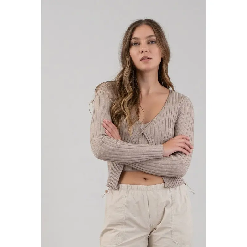 Long Sleeve Twofer Ribbed Sweater-Taupe