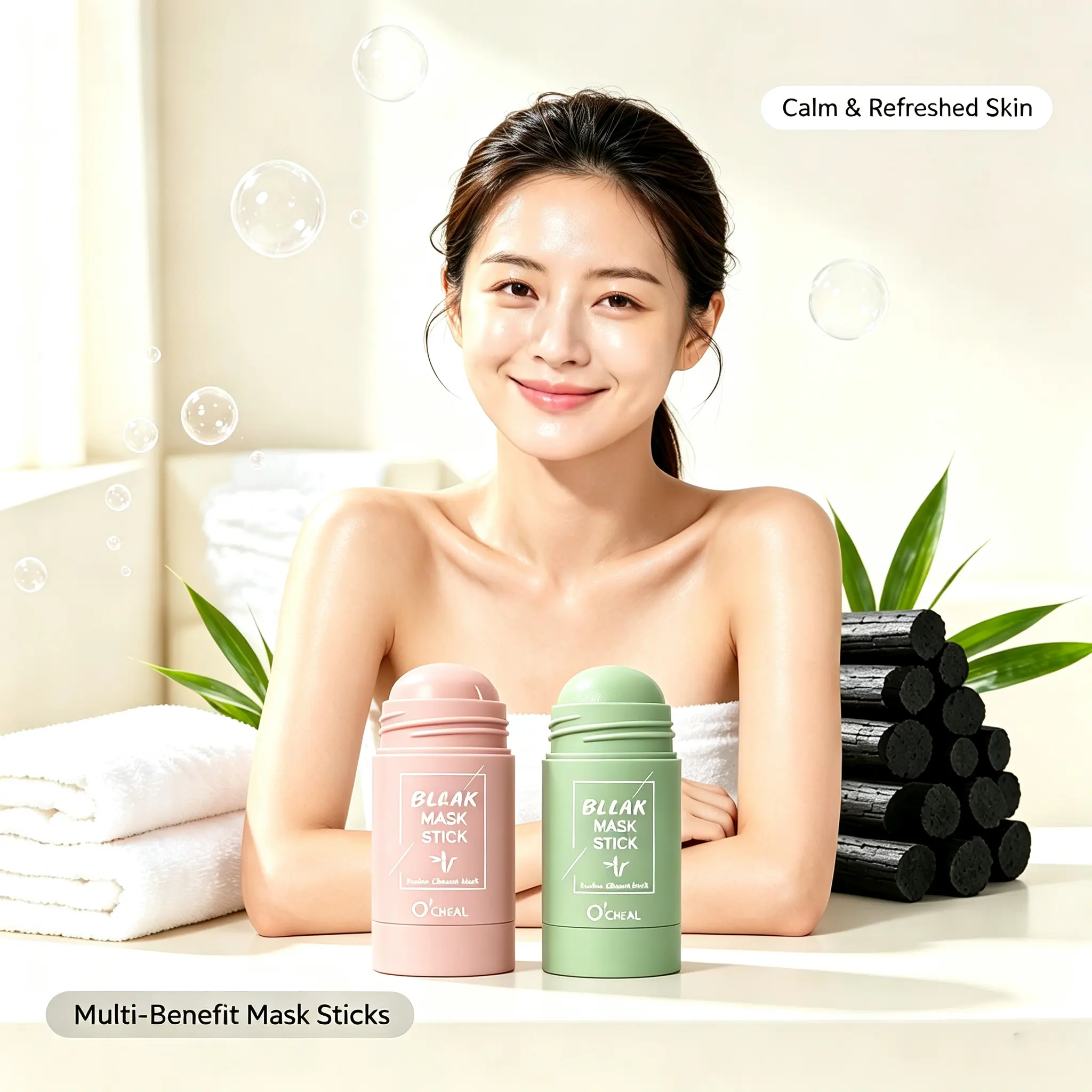 O'CHEAL Bamboo Charcoal Green Tea Clay Mask Stick, Deep Pore Cleansing Vegan Face Mask, Brightening Hydrating Clay Moisturizer, Daily Nourishing Purifying Mask Suitable for All Skin Types & Sensitive Skin, Skin Care Clay Mask