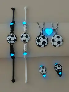 6-Piece Glow-In-The-Dark Heart Football Accessories Set, Couple Necklace Bracelet Ring Kit, Sports Gift for Football Events