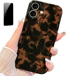 for iPhone 17 Case with Privacy Screen Protector, Aesthetic Tortoise Shell Leopard Pattern, Slim Shockproof Translucent Brown deep Cover, Full Camera Protection, Trendy Case for Women