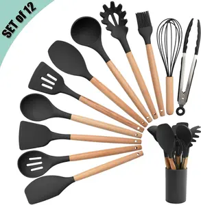 12 Pcs Silicone Cooking Utensils Kitchen Utensil Set - 446°F Heat Resistant,Turner Tongs, Spatula, Spoon, Brush, Whisk, Wooden Handle Grey Kitchen Gadgets with Holder for Nonstick Cookware