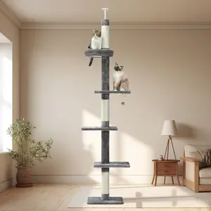 Cat Tower 5-Tier Floor to Ceiling Cat Tree Height(87-107 Inches) Adjustable, Tall Climbing Tree Featuring with Scratching Post, Cozy Bed,Interactive Ball Toy for Indoor Cats/Kitten