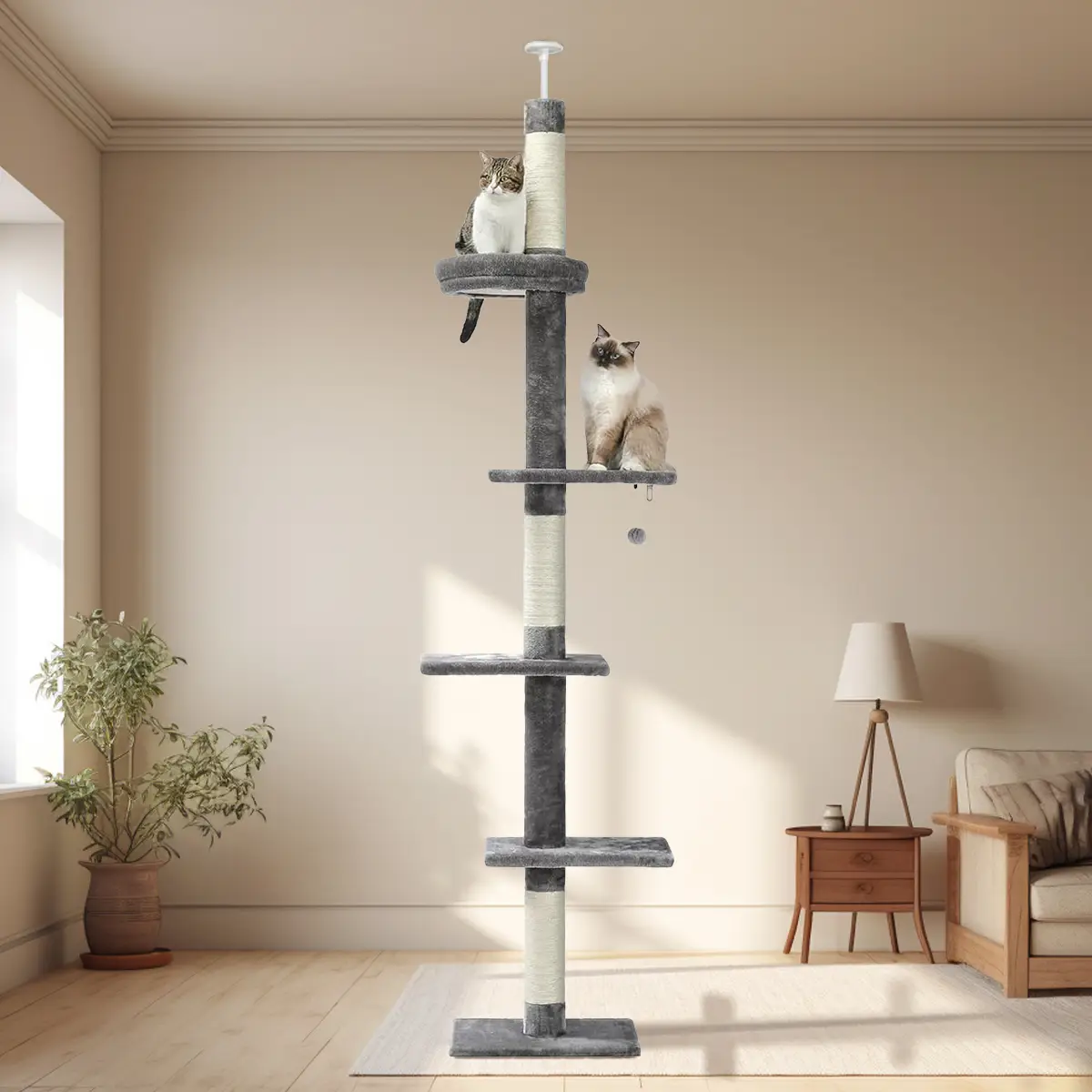 Cat Tower 5-Tier Floor to Ceiling Cat Tree Height(87-107 Inches) Adjustable, Tall Climbing Tree Featuring with Scratching Post, Cozy Bed,Interactive B