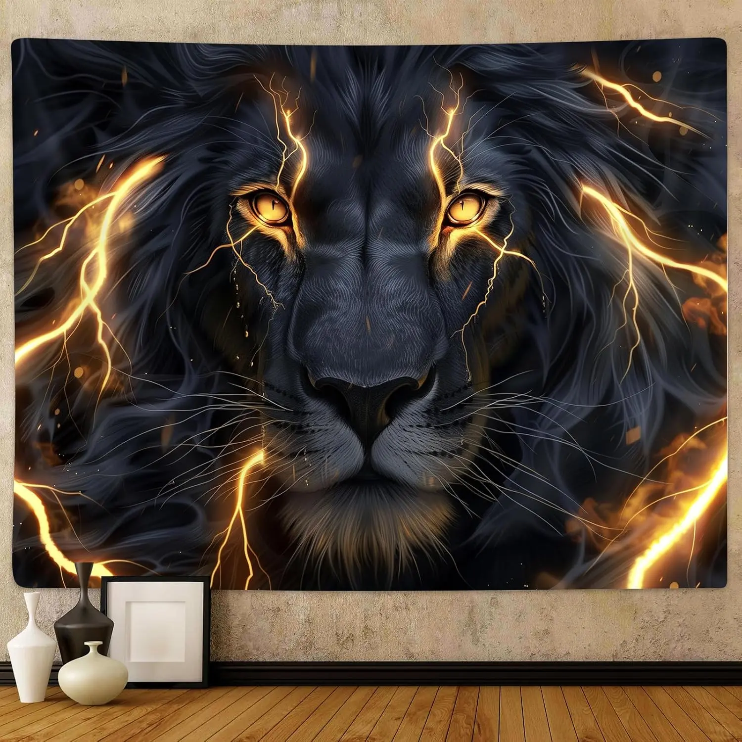 Cool Lion Tapestry Wall Hanging, Black and Gold African Lion Wild Animal Men Hippie Art Decor Tapestries, Wall Tapestries for living Room Bedroom Home Dormitory Decoration