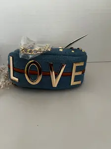 Le Miel Denim “LOVE” Studded Crossbody Bag – Gold Chain Strap