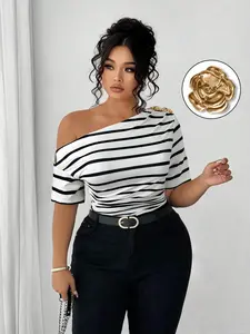 Plus Size Women's Striped Asymmetrical Shoulder Knit T-Shirt, Chic Casual Summer Fitted Top, Moderate Fabric, Comfortable Daily Wear