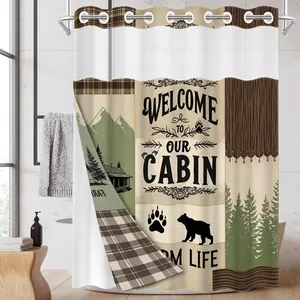 1pc hookless shower curtain with grommets and liner, cabin forest bear paw pattern design, fabric waterproof liner shower curtain with see-through window, double-layer shower curtain, 71 x 74 inches, modern home decor, Modern bathroom decor