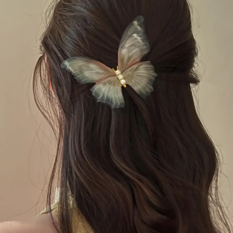 1 Piece Double Layer Tulle Butterfly Hair Clips for Women, Faux Pearl Decoration, Retro Design Temperament Bangs Hair Clips, Fashionable and Versatile Daily Hair Accessories, Gifts for Girls, Goddess Hair Clip, Hair Clip In