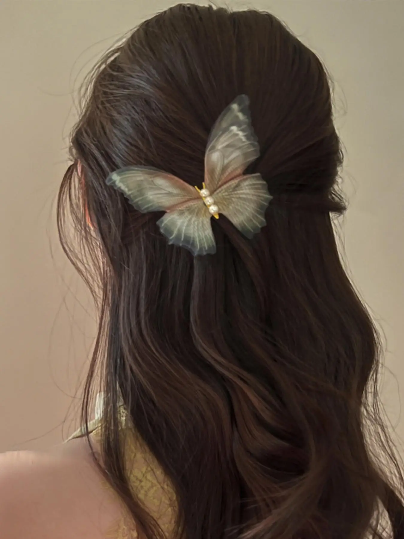1 Piece Double Layer Tulle Butterfly Hair Clips for Women, Faux Pearl Decoration, Retro Design Temperament Bangs Hair Clips, Fashionable and Versatile