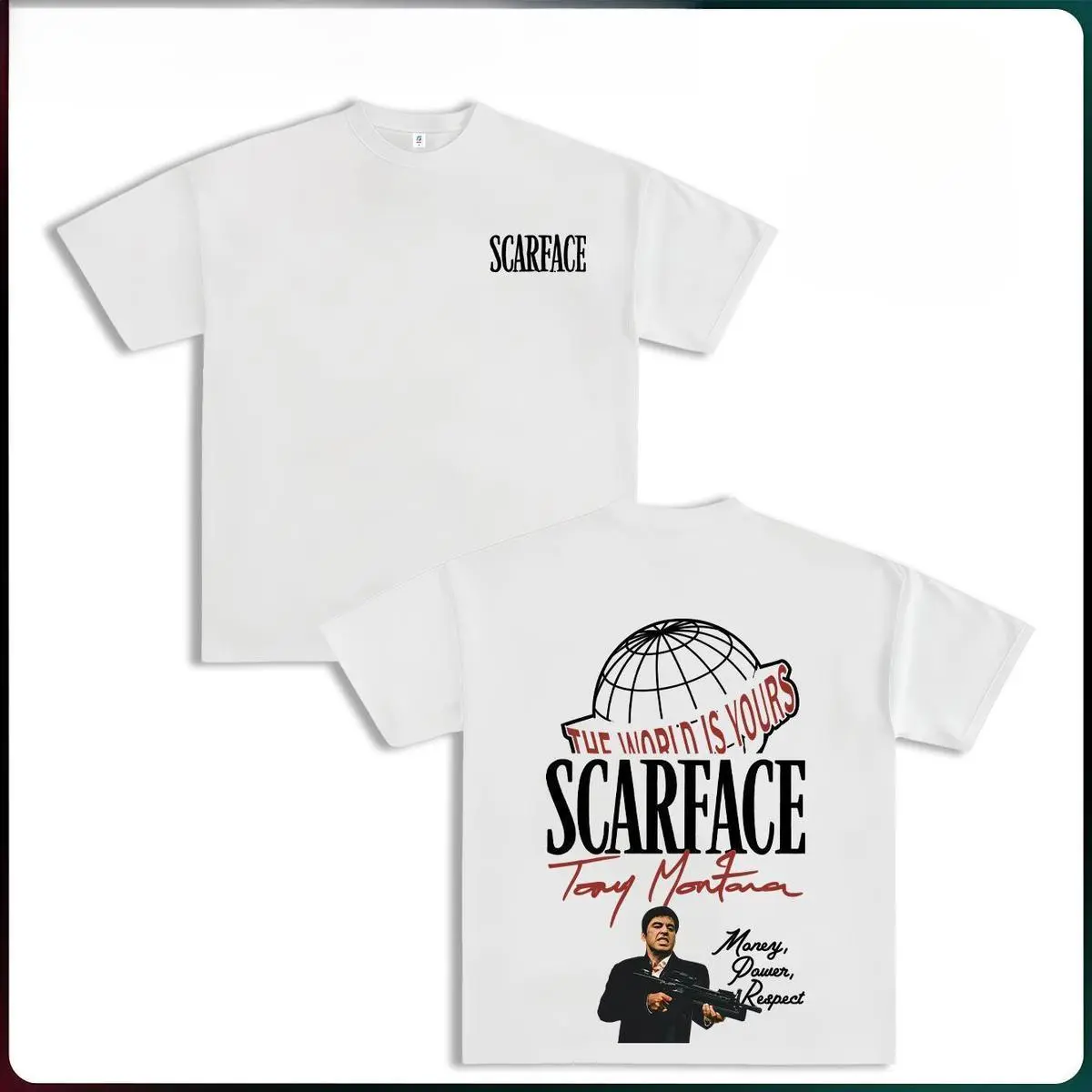 Men's Unisex Scarface 2-Side Graphic Crewneck Tee - Tony Montana Iconic Image, The World Is Yours Design, Cotton Fabric, Y2K Streetwear, Gifts for Movie Fans & Streetwear Enthusiasts, Casual Tshirt