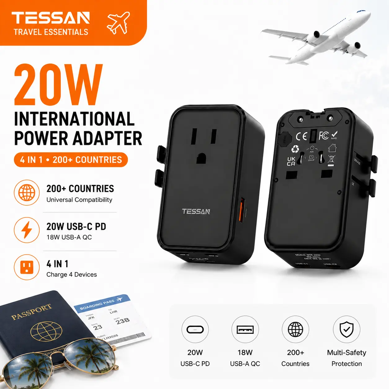 TESSAN 20W International Power Adapter, Ultra Slim Universal Travel Adapter with 2 USB-C 1 USB-A, Travel Adaptor Worldwide Plug for US to European UK Spain England New Zealand (Type C G A I)