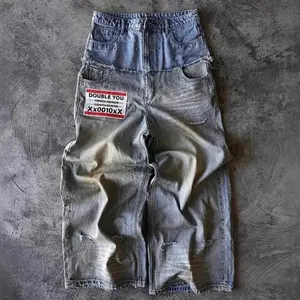 Vintage Street Hip-Hop Frayed Patchwork Double Waist Ripped Rivet Loose Wide-Leg Straight Jeans Menswear