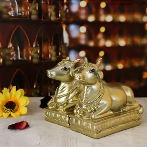 Hindu Nandi Holy Cow Statues - 2PCS Gold Nandi Cow Sitting Position Statue for House Temples Puja Home Decor Diwali Gift