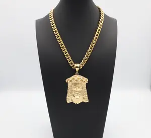 Jumbo Jesus Face Pendant Necklace, 10mm Cuban Chain, Heavy Plated Gold, Lifetime Replacement Guarantee