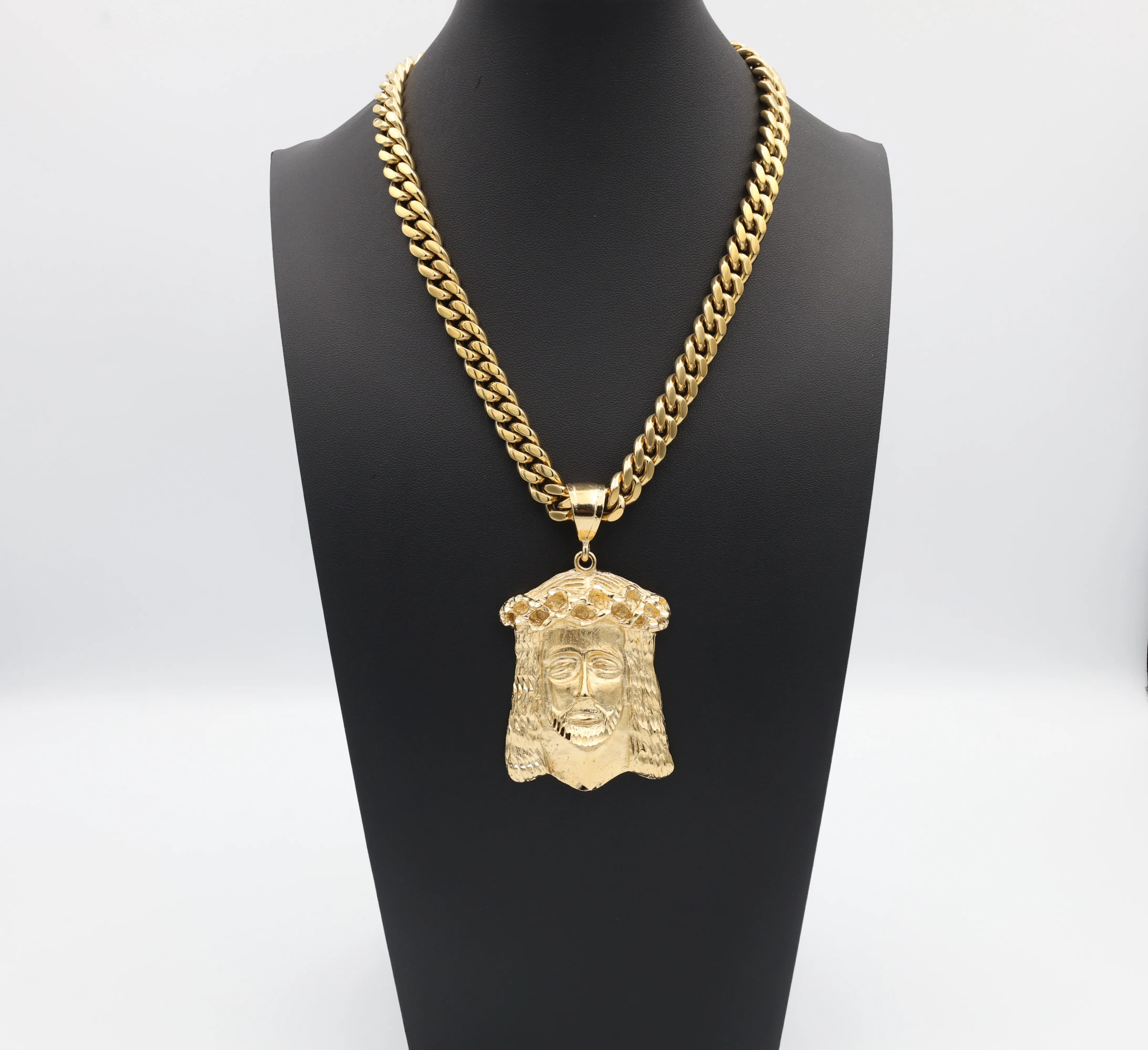 Jumbo Jesus Face Pendant Necklace, 10mm Cuban Chain, Heavy Plated Gold, Lifetime Replacement Guarantee