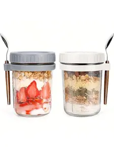Oats 12 Oz Portable Yogurt Cup, Overnight Oatmeal Cup, Vegetable & Fruit Storage Container with Measurement Marks, Milk Glass, Kitchen Use