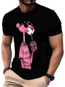 Men's Summer Casual Short Sleeve Pink Panther Wearing Sunglasses Drinking Bubble Tea Graphic